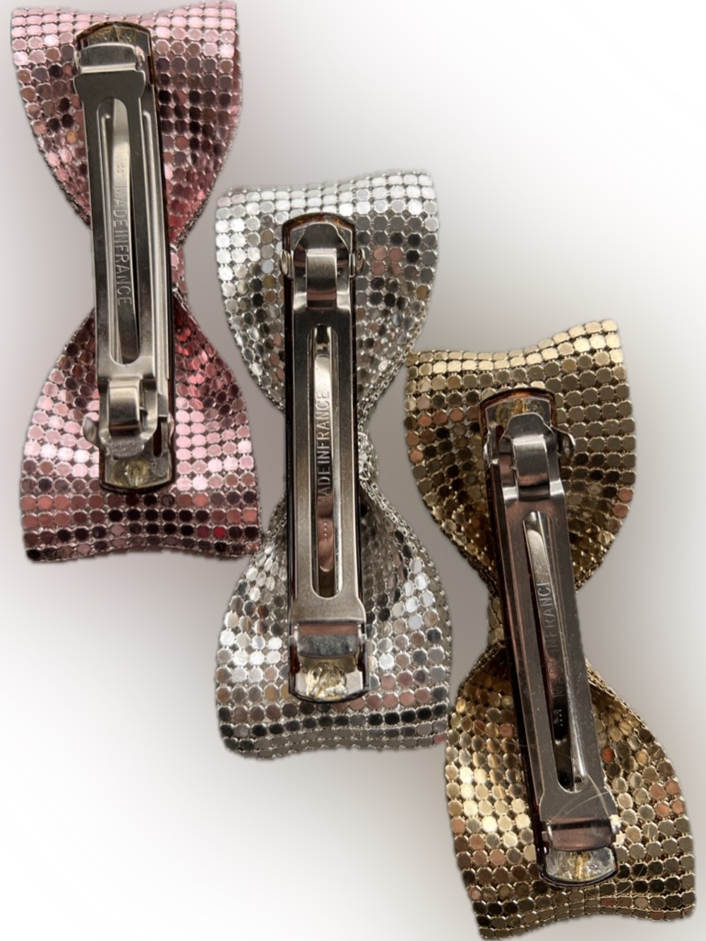 3️⃣Set 1980s Made in France Metal Mesh Chainmail Bow Barrette Gold Silver Rose - Picture 10 of 17
